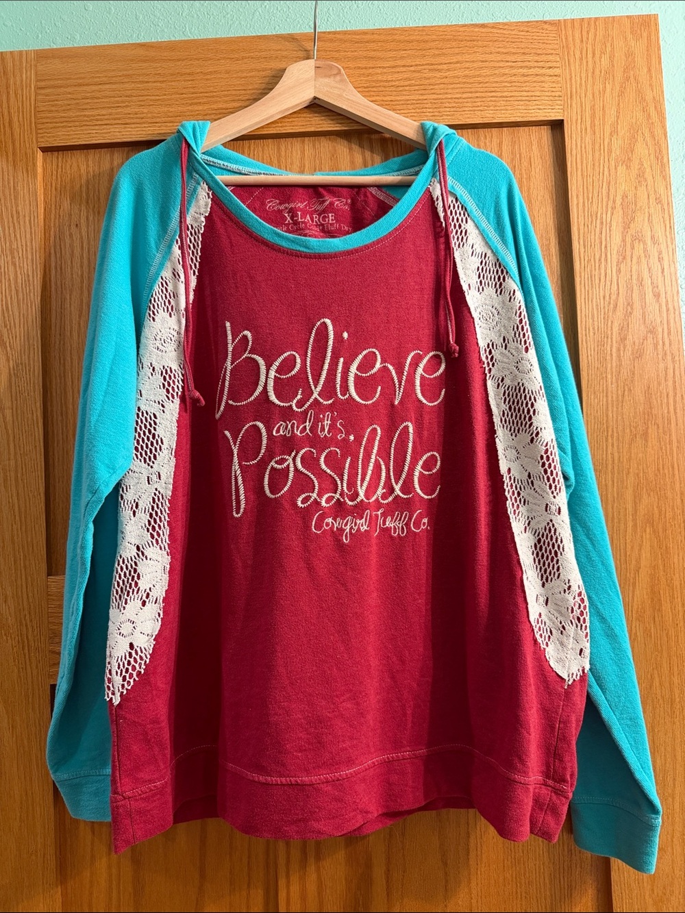 Cowgirl Tuff Raspberry Red & Teal Lace-Trim Hoodie